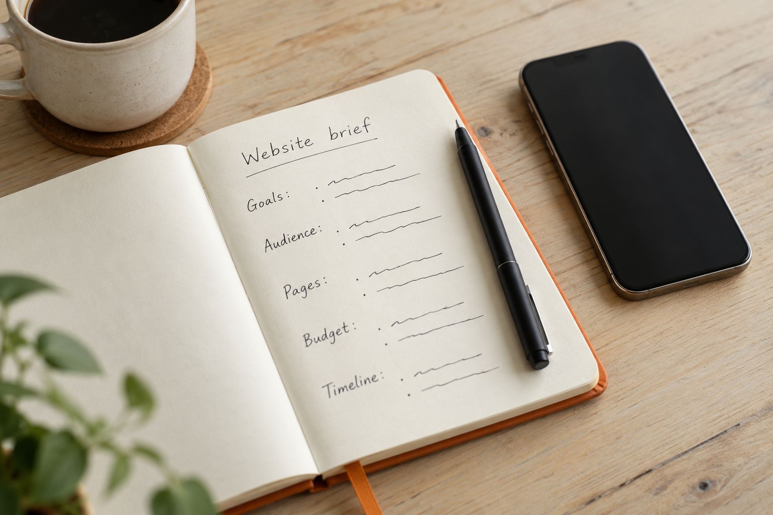 A notebook headed Website brief next to a phone and coffee
