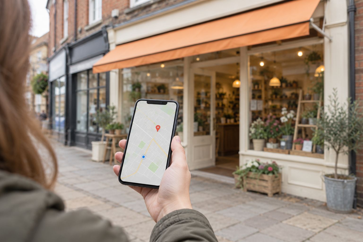 Someone holding a phone showing a map in front of a shop