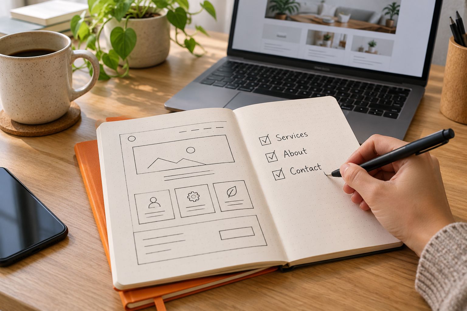 A notebook with a website layout sketched next to a checklist of pages