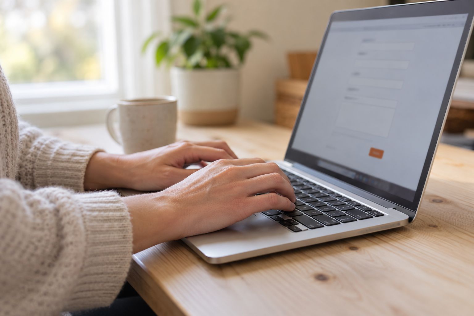 Hands typing on a laptop showing a simple form